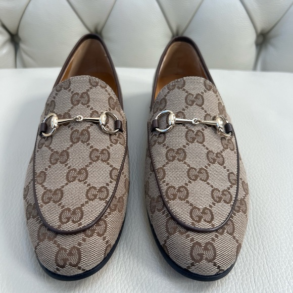 New Gucci Jordaans Loafers Brown Shoes Flats Logo Monogram Leather Canvas - Picture 3 of 9
